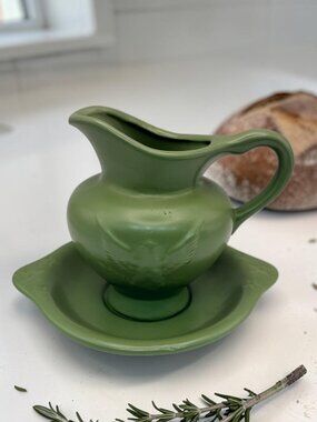 1950s Hull Pottery F91 F92 Green Pitcher & Drip Plate Eagle Embossed USA Vintage